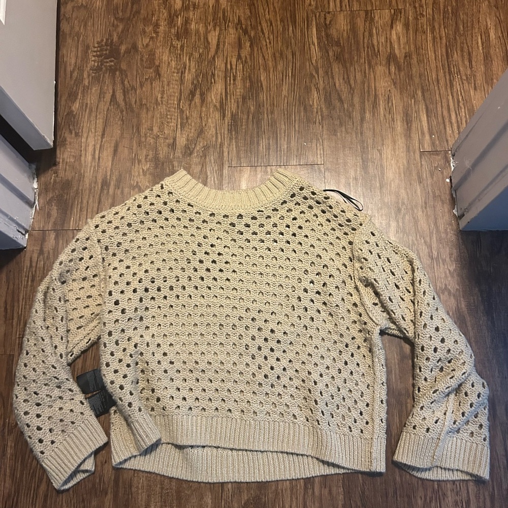 Divided Cream Crew Neck Sweater with Open-Knit Texture